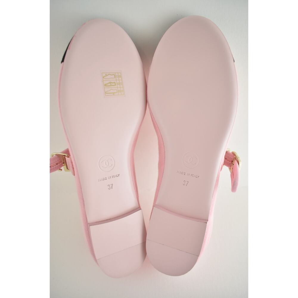 Chanel 25S Pink Fabric Black CC Logo Mary Jane Strap Ballerina Ballet Flat 37 - Picture 16 of 16